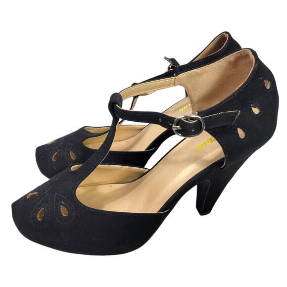 Modcloth T Strap Heels Black Pump Refreshed Zest Retro Ankle Strap Cutout Size 9 - Picture 16 of 16